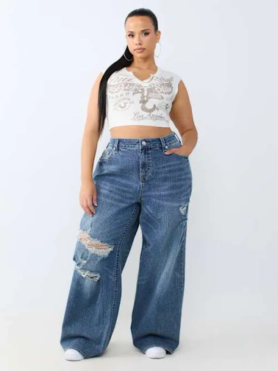 True Religion Women's Plus Jessie Mid Rise Super Baggy Jean In Blue