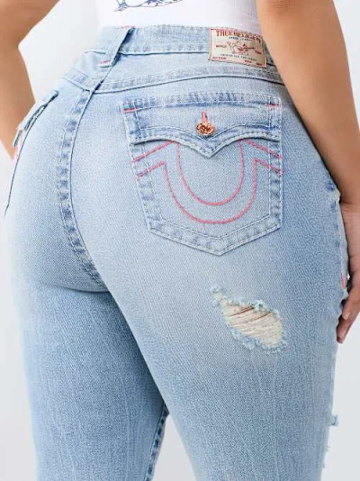 True Religion Women's Plus Joey Mid Rise Big T Flap Flare Jean In Blue