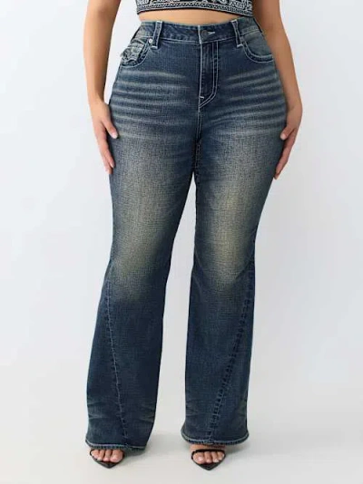 True Religion Women's Plus Joey Mid Rise Flap Flare Jean In Blue