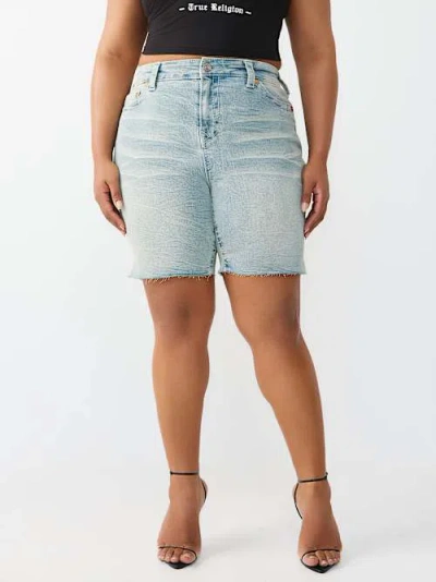 True Religion Women's Plus Miya Mid Rise Big T Bermuda Short In Blue