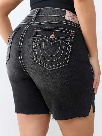 True Religion Women's Plus Miya Mid Rise Big T Flap Bermuda Short In Black