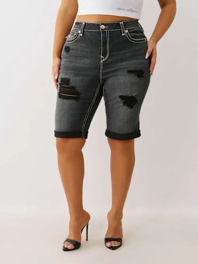 True Religion Women's Plus Riley Distressed Super T Bermuda Short In Gray