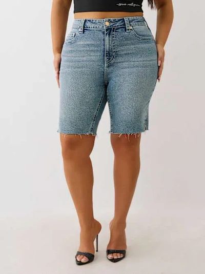 True Religion Women's Plus Riley High Rise Big T Bermuda Short In Blue
