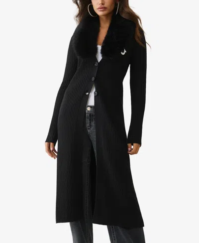 True Religion Embroidered Faux Fur Accent Rib Longline Cardigan In Black