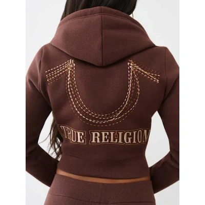 True Religion Women's Rainbow Stitch Horseshoe Shrunken Zip Hoodie In Brown