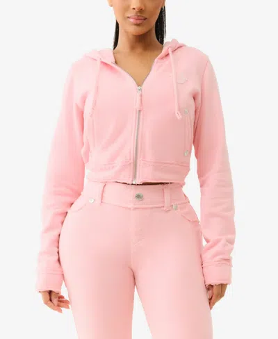 True Religion Women's Raw Edge Big T Shrunken Hoodie Sweatshirt In Pink
