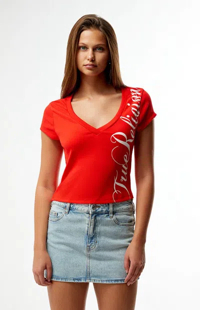 True Religion Women's Ribbed Cap Sleeve V-neck T-shirt In Red