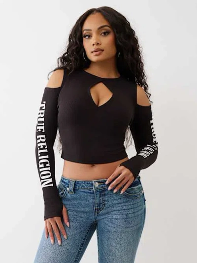 True Religion Women's Ribbed Cutout Long Sleeve Top In Black