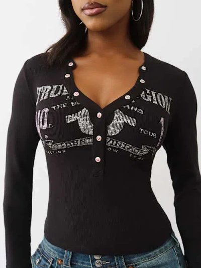 True Religion Women's Ribbed Faded Logo Henley Shirt In Black