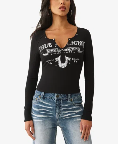True Religion Women's Ribbed Logo Rivets V Notch Top In Black