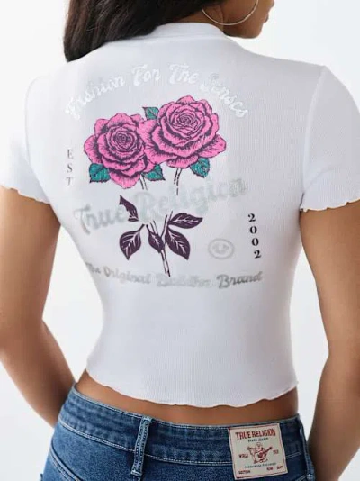 True Religion Women's Rose Logo Lettuce Hem Ribbed Baby T-shirt In White