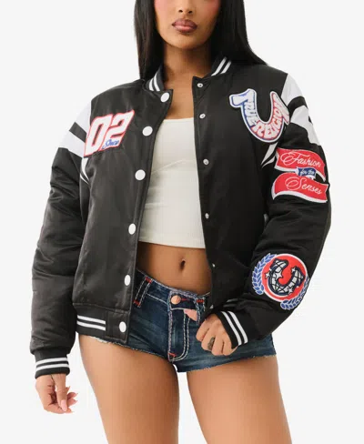 True Religion Women's Satin Oversized Varsity Bomber Jacket In Jet Black