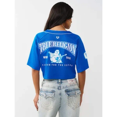 True Religion Women's Satin Patch Mesh Jersey Shirt In Blue