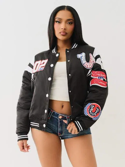 True Religion Women's Satin Varsity Bomber Jacket In Black