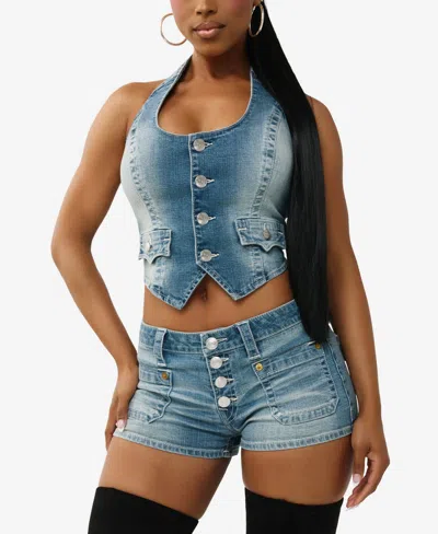True Religion Faded Halter Crop Cotton Blend Denim Top In Blue