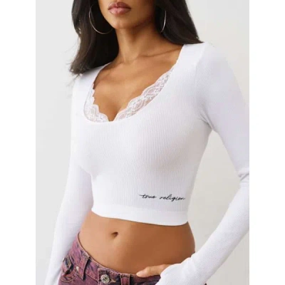 True Religion Women's Seamless Lace Scoop Neck Long Sleeve Top In White