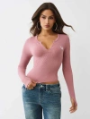 True Religion Women's Seamless Notch Long Sleeve Top In Pink