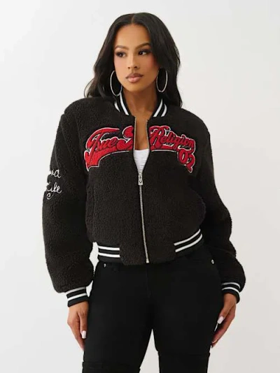 TRUE RELIGION WOMEN'S SHERPA VARSITY BOMBER JACKET