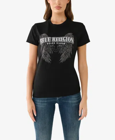 True Religion Women's Short Sleeve Crystal Wing Crew Tee In Black
