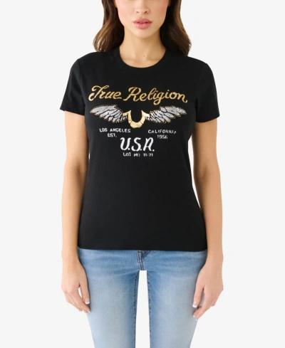 True Religion Women's Short Sleeve Crystal Wing Horseshoe T-shirt In Jet Black