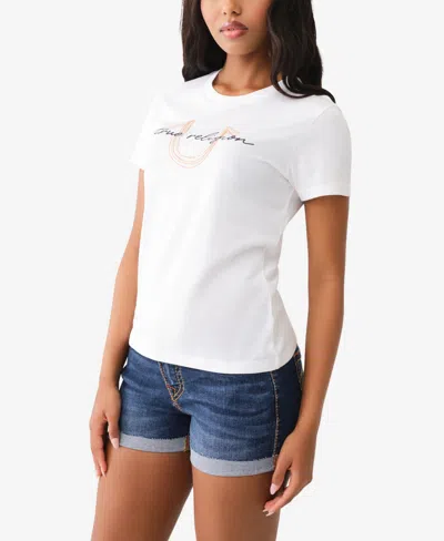 True Religion Women's Short Sleeve Multi Stitch Horseshoe Crew Tee In White