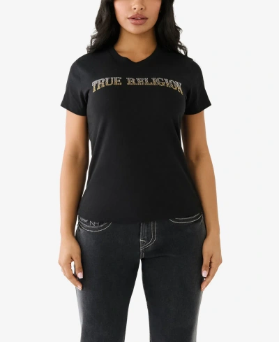 True Religion Women's Short Sleeve Ombre Crystal Arch Logo T-shirt In Jet Black