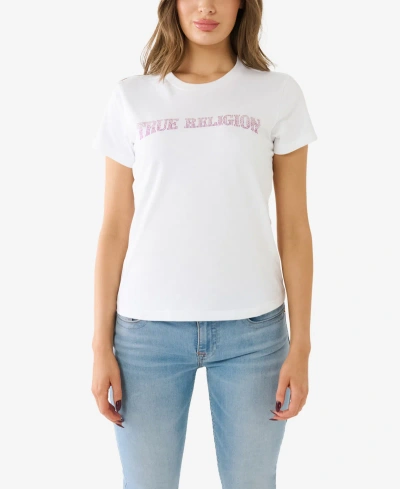 True Religion Women's Short Sleeve Ombre Crystal Arch Logo T-shirt In Optic White