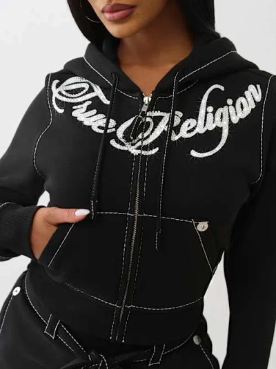 True Religion Women's Shrunken Big T Zip Up Hoodie In Black