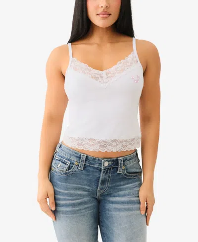 True Religion Women's Sleeveless Crystal Embroidery Lace Tank Top In Optic White