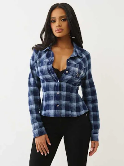 True Religion Women's Slim Fit Crystal Horseshoe Flannel In Blue