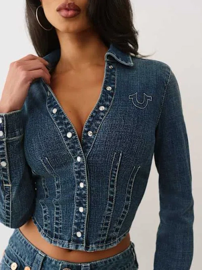 True Religion Women's Snatched Denim Long Sleeve Shirt In Blue