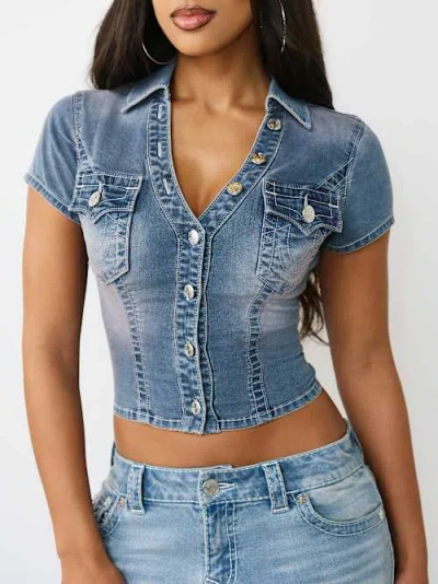 True Religion Women's Snatched Short Sleeve Denim Shirt In Blue