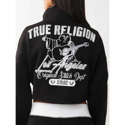 True Religion Women's Sporty Crystal Half-zip Pullover Sweatshirt In Black