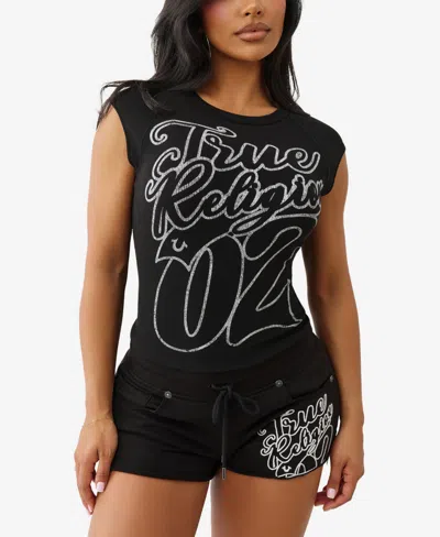 True Religion Women's Sporty Raglan Ribbed Crew Neck Top In Black