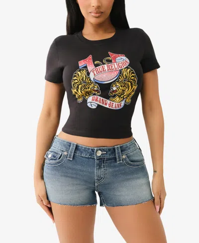 True Religion Women's Ss Crystal Tiger Baby Crewneck T-shirt In Black