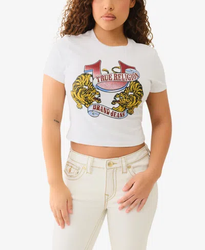 True Religion Women's Ss Crystal Tiger Baby Crewneck T-shirt In Brilliant White