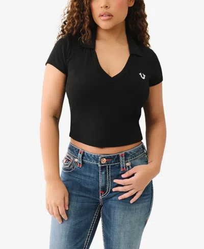True Religion Women's Ss Deep V-neck Rib Polo Top In Jet Black