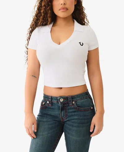 True Religion Women's Ss Deep V-neck Rib Polo Top In Optic White