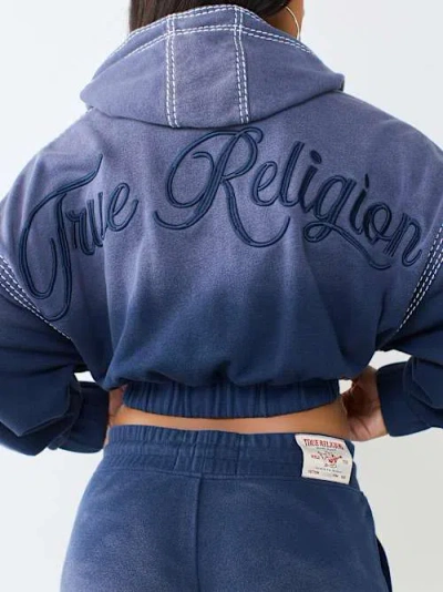 True Religion Women's Super T Washed Relaxed Girlfriend Zip Hoodie In Blue