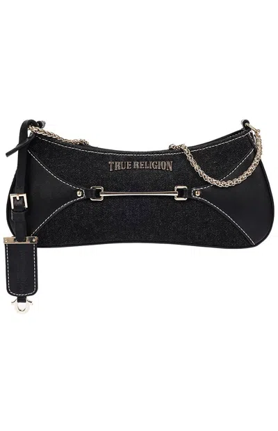 True Religion Women's Top Zip Black Denim Shoulder Bag