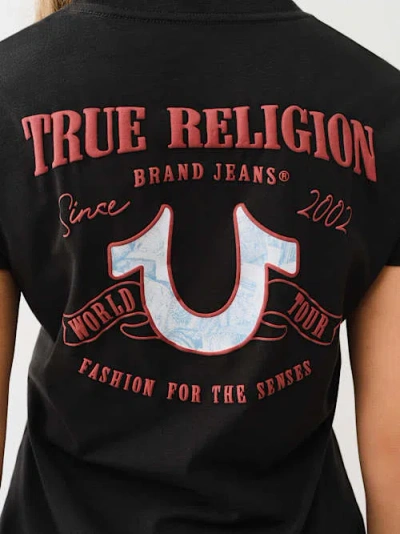 True Religion Women's Tropical Denim Horseshoe V Neck T-shirt