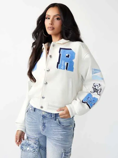 True Religion Women's Varsity Oversized Bomber Jacket In White