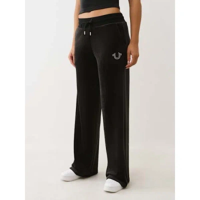 True Religion Women's Velour Crystal Horseshoe Straight Leg Sweatpant In Black