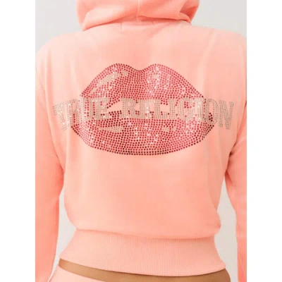 True Religion Women's Velour Crystal Lips Shrunken Zip Hoodie In Pink