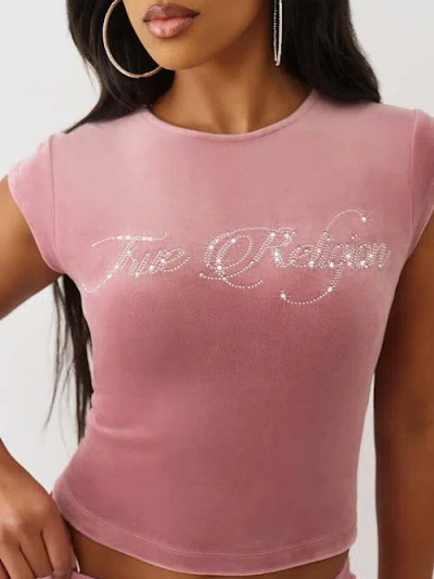True Religion Women's Velour Crystal Logo Baby T-shirt In Pink