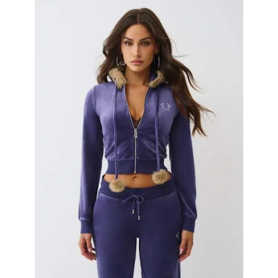 True Religion Women's Velour Faux Fur Shrunken Zip Hoodie In Purple
