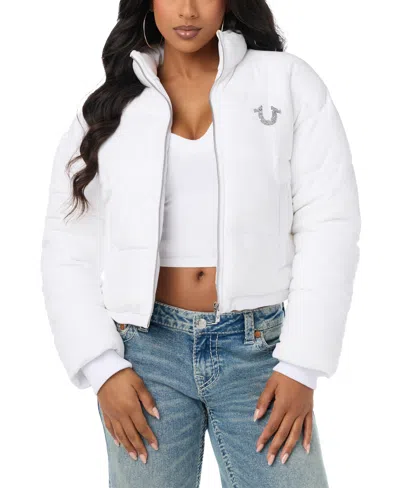 True Religion Women's Velvet Puffer Cropped Jacket In White
