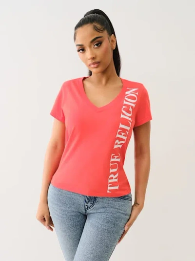 True Religion Women's Vertical Logo V Neck T-shirt In Pink