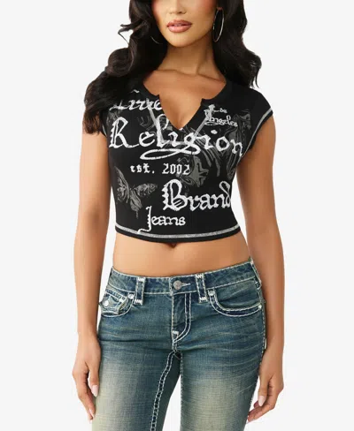 True Religion Women's V-notch Rib T-shirt In Black
