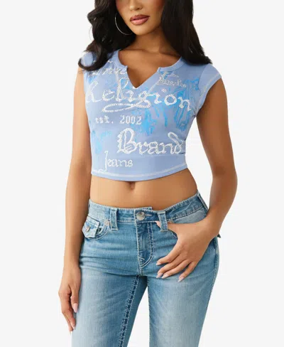 True Religion Crystal Embellished Buddha Crop Graphic T-shirt In Blue